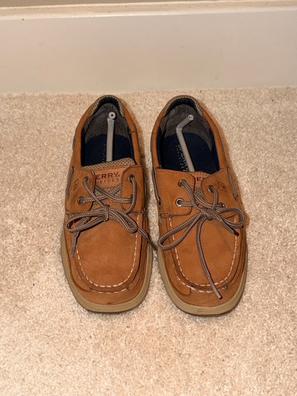 Sperry Lanyard Dark Tan/Navy Leather Boat Shoes with Brown Laces Boys Size 3